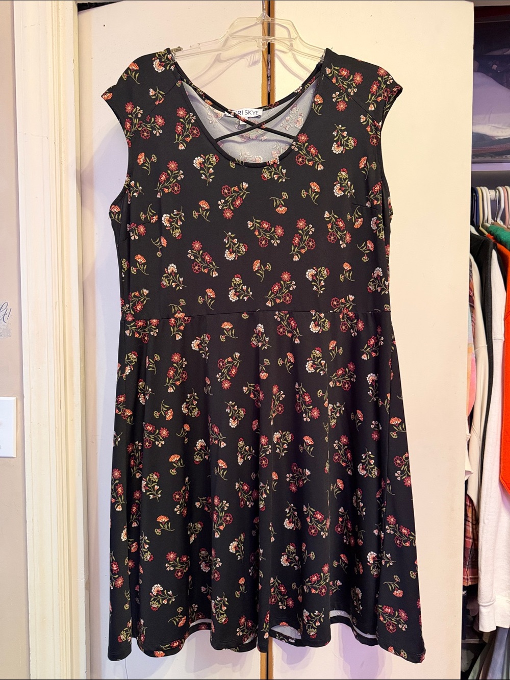 Sky Black Sleeveless Midi Dress with Pink and Green Floral Print